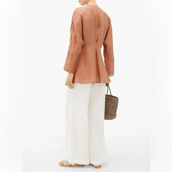 MES DEMOISELLES Blush BrownTwilight Gathered 100% Silk Satin Blouse Size 8 US M - Picture 6 of 8